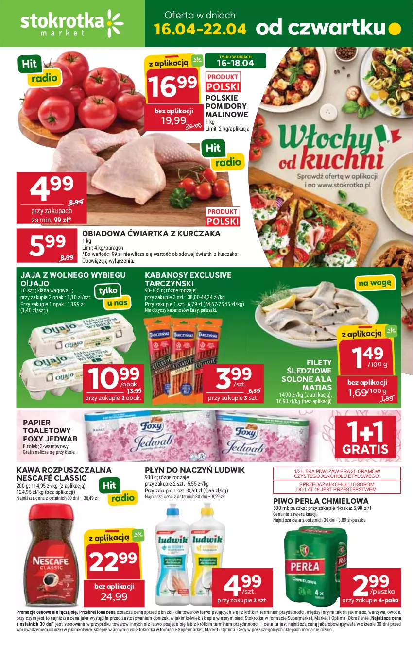 Gazetka promocyjna Stokrotka - Market - ważna 16.04 do 22.04.2026 - strona 1 - produkty: Foxy, Gra, Jaja, Jaja z wolnego wybiegu, Kabanos, Kawa, Kawa rozpuszczalna, Kurczak, Ludwik, Mięso, Nescafé, Optima, Owoce, Papier, Papier toaletowy, Perła, Piwa, Piwo, Pomidory, Tarczyński, Warzywa
