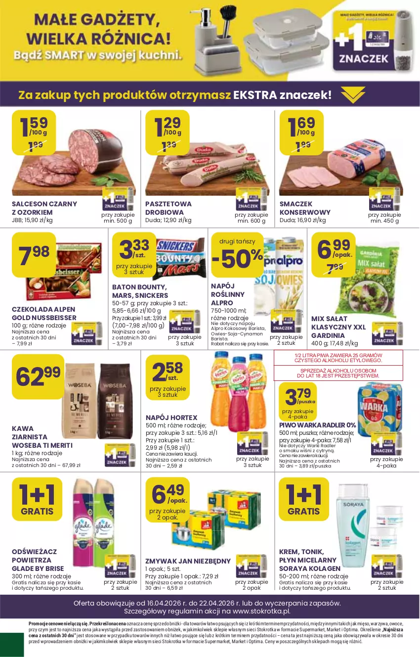 Gazetka promocyjna Stokrotka - Market - ważna 16.04 do 22.04.2026 - strona 30 - produkty: Alpro, Baton, Bounty, Czekolada, Gra, Hortex, Kawa, Kawa ziarnista, Kokos, Kolagen, Mars, Mięso, Napój, Optima, Owoce, Pasztet, Piwa, Piwo, Radler, Salceson, Ser, Snickers, Tonik, Warka, Warzywa, Woseba