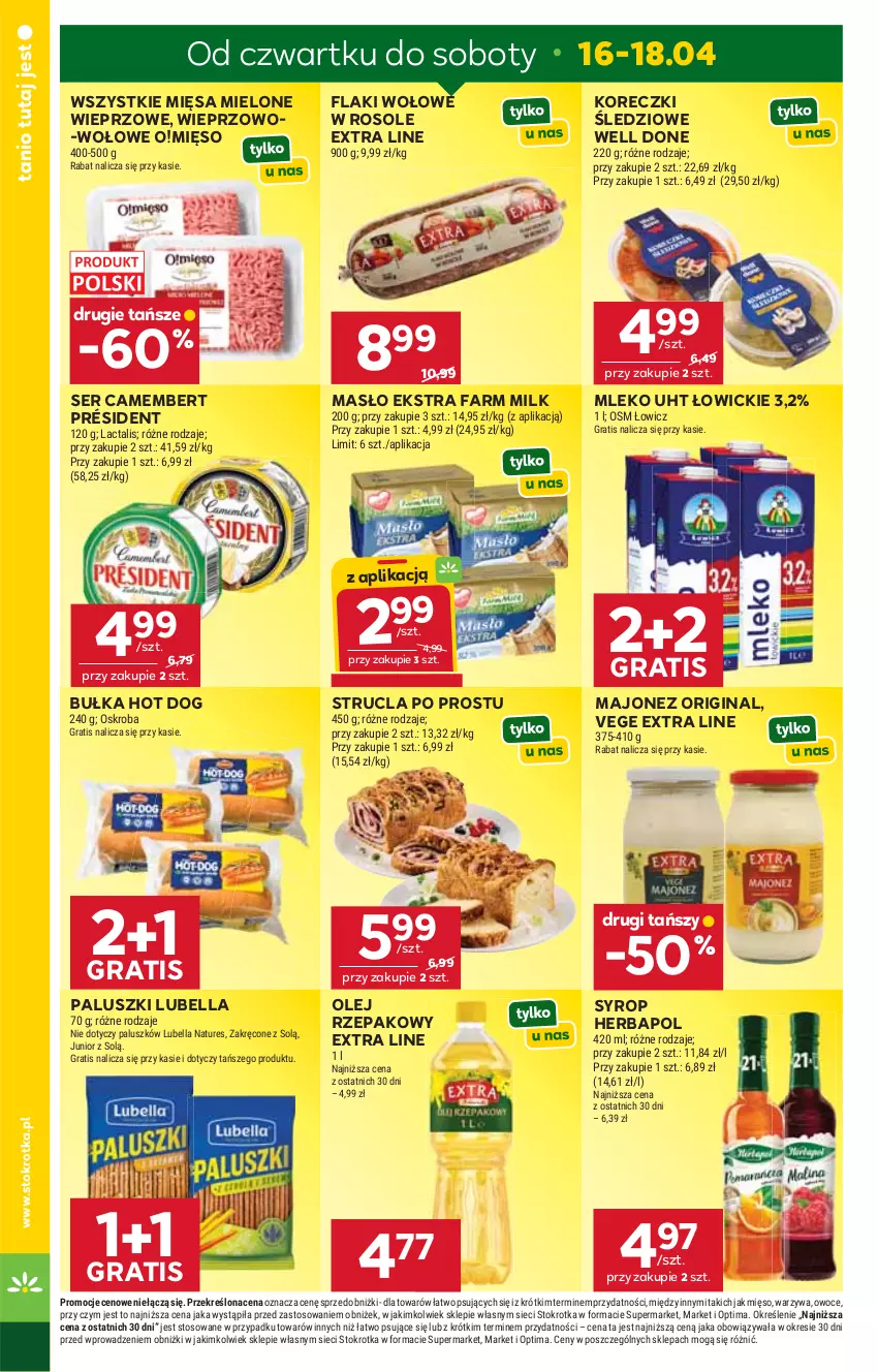 Gazetka promocyjna Stokrotka - Market - ważna 16.04 do 22.04.2026 - strona 8 - produkty: Bell, Bella, Bułka, Camembert, Fa, Farm Milk, Flaki, Flaki wołowe, Gin, Gra, Herbapol, Hot dog, Koreczki śledziowe, Lubella, Majonez, Masło, Mięso, Mleko, Olej, Olej rzepakowy, Optima, Owoce, Président, Ser, Strucla, Syrop, Warzywa