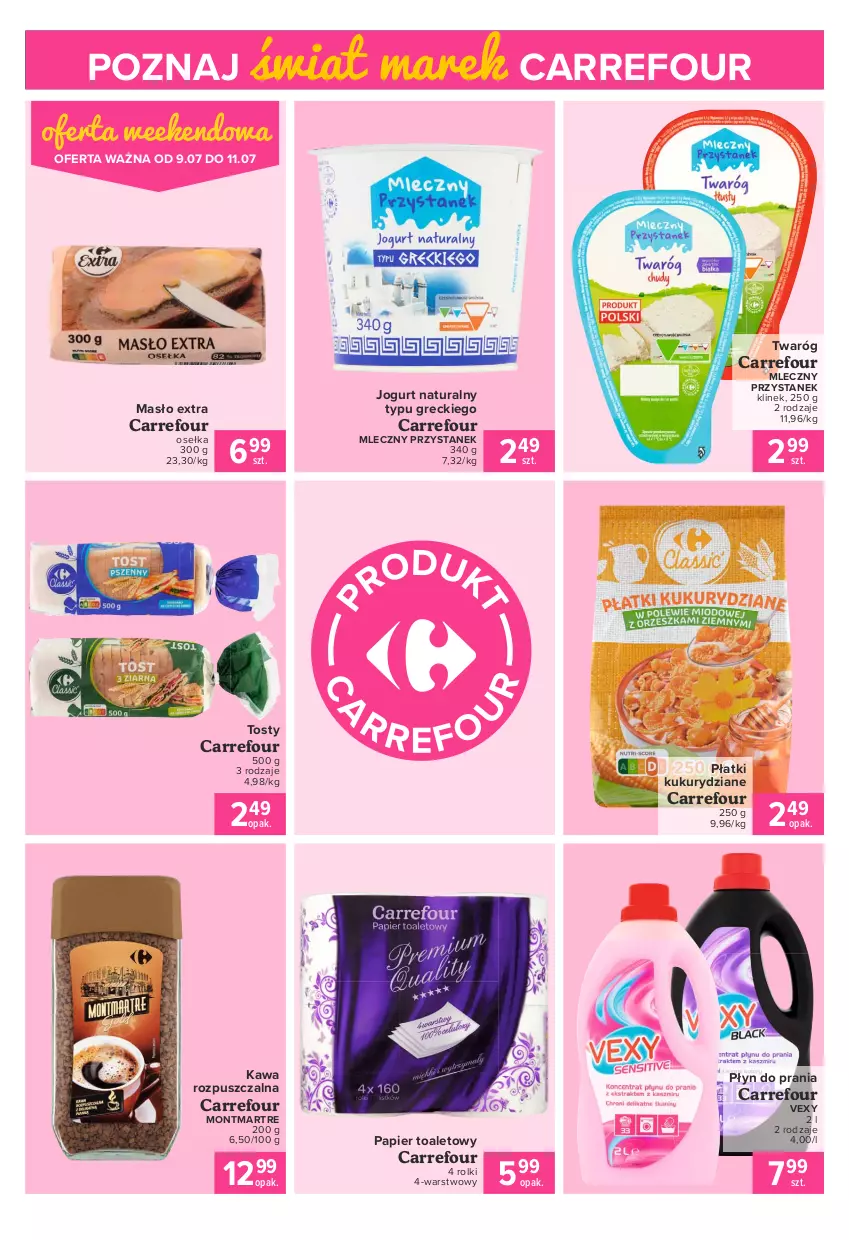 Gazetka promocyjna Carrefour - Gazetka Express - ważna 05.07 do 12.07.2021 - strona 4 - produkty: Jogurt, Jogurt naturalny, Kawa, Kawa rozpuszczalna, Masło, Montmartre, Papier, Papier toaletowy, Płyn do prania, Rolki, Twaróg