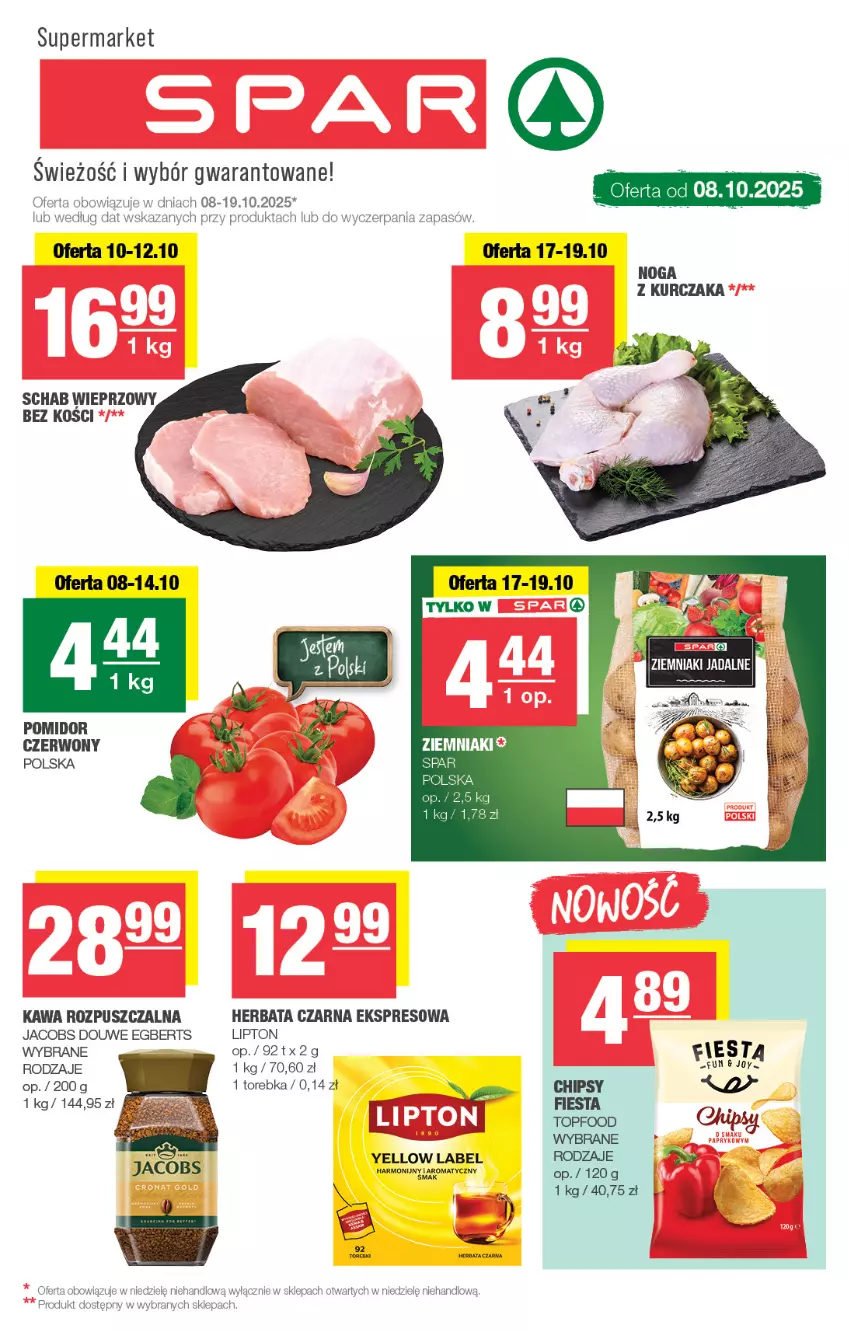 Gazetka promocyjna Spar - Spar - ważna 05.10 do 15.10.2025 - strona 1 - produkty: Chipsy, Herbata, Herbata czarna, Jacobs, Kawa, Kawa rozpuszczalna, Kurczak, Lipton, Schab wieprzowy, Top, Torebka