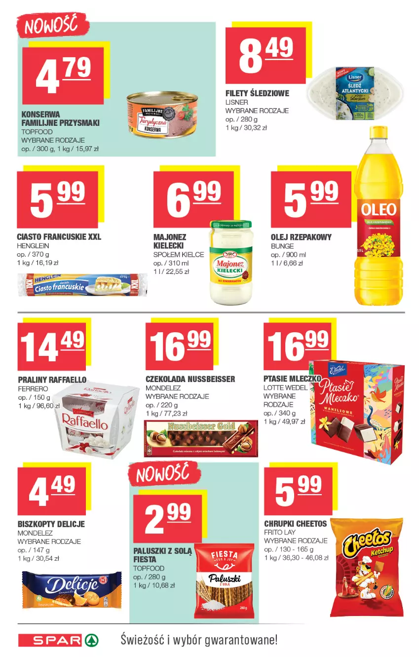 Gazetka promocyjna Spar - Spar - ważna 05.10 do 15.10.2025 - strona 6 - produkty: Biszkopty, Cheetos, Chrupki, Ciasto francuskie, Czekolada, Delicje, Fa, Ferrero, Lisner, Majonez, Mleczko, Olej, Olej rzepakowy, Praliny, Ptasie mleczko, Raffaello, Ser
