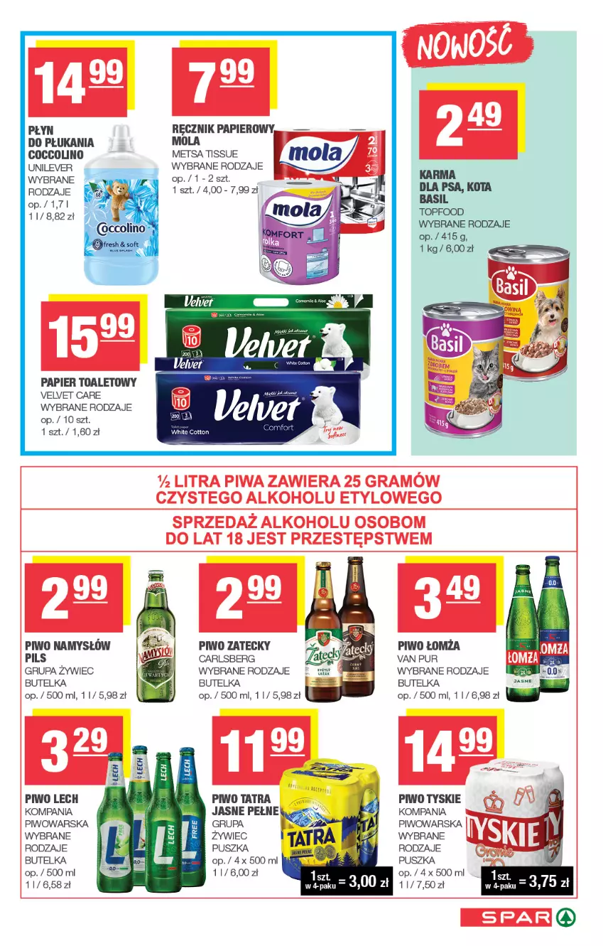 Gazetka promocyjna Spar - Spar - ważna 05.10 do 15.10.2025 - strona 7 - produkty: Carlsberg, Coccolino, Mola, Namysłów, Papier, Papier toaletowy, Piwo, Płyn do płukania, Pur, Tatra, Top, Tyskie, Velvet