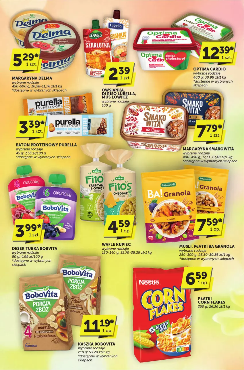 Gazetka promocyjna ABC - ważna 30.04 do 13.05.2025 - strona 6 - produkty: Baton, Bell, Bella, BoboVita, Corn flakes, Delma, Deser, Kupiec, Lubella, Margaryna, Mus, Optima, Optima Cardio, Owsianka, Piec, Pur, Ser, Smakowita, Wafle
