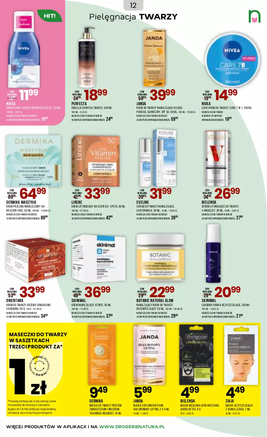 Gazetka promocyjna Drogerie Natura - Gazetka Drogerie Natura - ważna 17.06 do 06.07.2026 - strona 12 - produkty: Bielenda, Dermika, Emulsja, Emulsja do mycia, Eveline, Fa, Krem do twarzy, Krem nawilżający, Kurkuma, Lirene, Makijaż, Mars, Maska, Maska do twarzy, Nivea, Parasol, Perfecta, Rum, Sandał, Ser, Serum, Serum do twarzy, Top, Ziaja