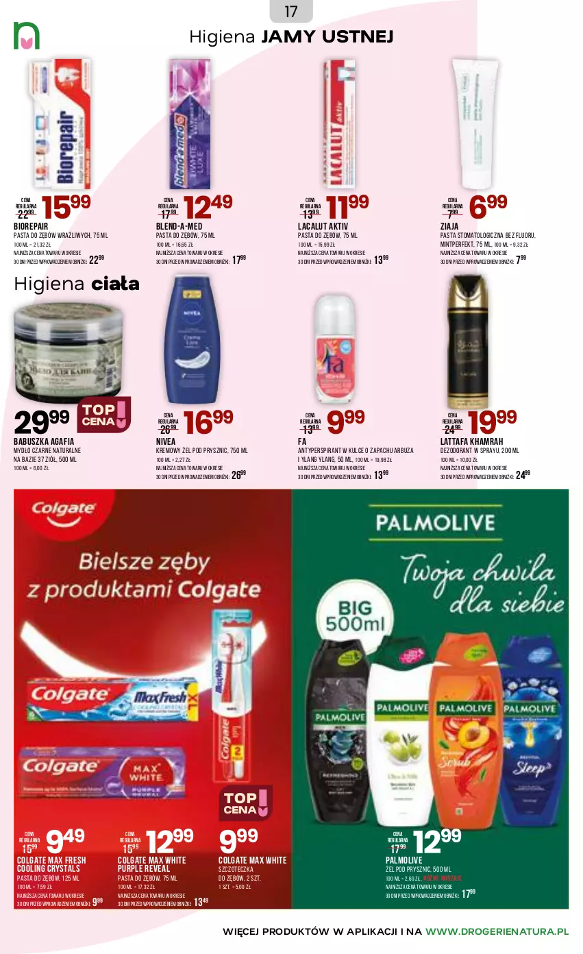 Gazetka promocyjna Drogerie Natura - Gazetka Drogerie Natura - ważna 17.06 do 06.07.2026 - strona 17 - produkty: Antyperspirant, Arbuz, Biorepair, Blend-a-Med, Colgate, Dezodorant, Fa, Higiena jamy ustnej, Lacalut, LG, Mydło, Nivea, Palmolive, Pasta do zębów, Pur, Szczoteczka, Szczoteczka do zębów, Ziaja