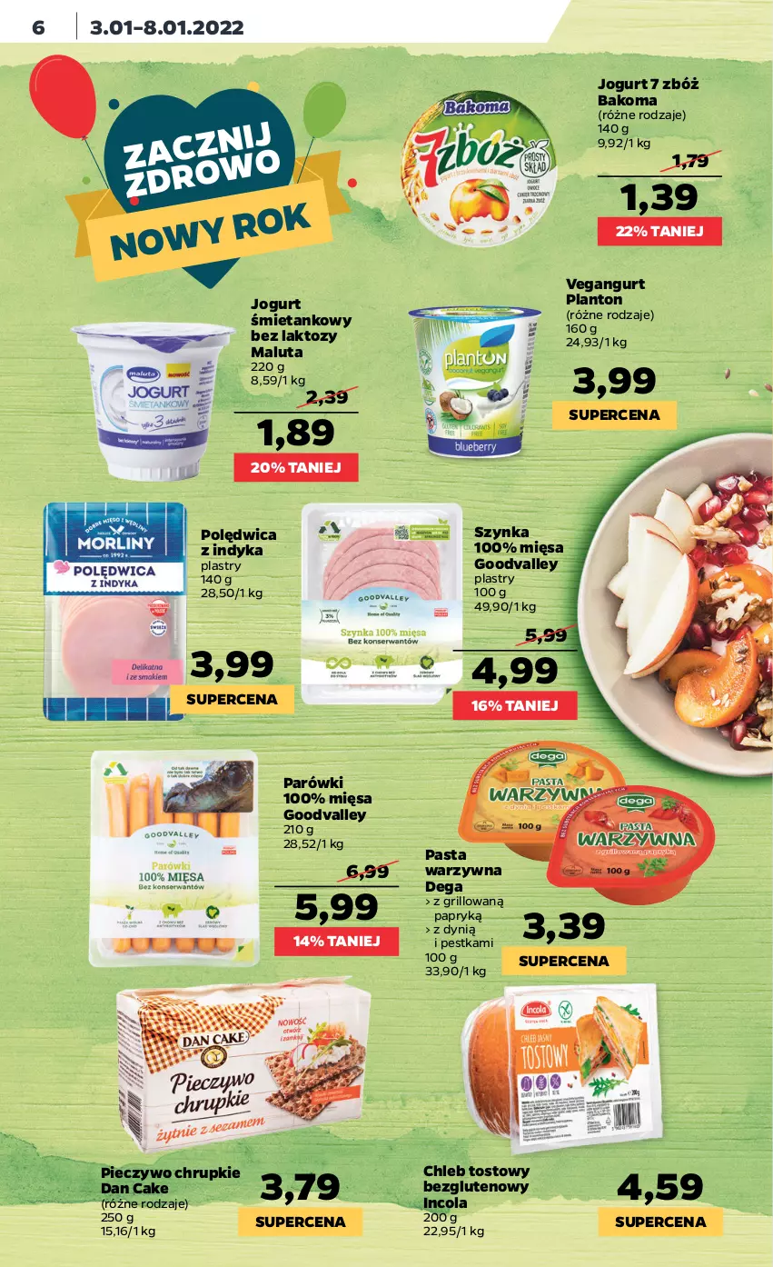 Gazetka promocyjna Netto - Gazetka spożywcza - ważna 03.01 do 08.01.2022 - strona 6 - produkty: Bakoma, Chleb, Chleb tostowy, Chrupki, Dan Cake, Dega, Dynią, Grill, Jogurt, Parówki, Pasta warzywna, Piec, Pieczywo, Pieczywo chrupkie, Polędwica, Szynka, Vegangurt