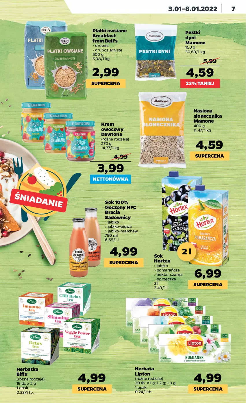 Gazetka promocyjna Netto - Gazetka spożywcza - ważna 03.01 do 08.01.2022 - strona 7 - produkty: Bell, Dawtona, Fa, Herbata, Hortex, Lipton, Nektar, Pestki dyni, Płatki owsiane, Por, Sok