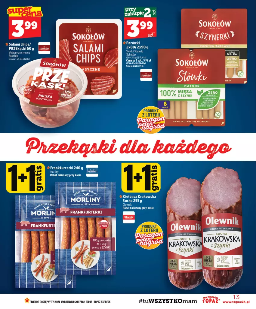 Gazetka promocyjna Topaz - Gazetka - ważna 03.09 do 09.09.2026 - strona 13 - produkty: Frankfurterki, Morliny, Parówki, Sok, Sokołów, Top