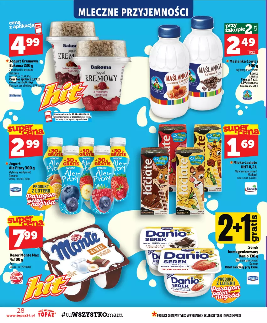 Gazetka promocyjna Topaz - Gazetka - ważna 03.09 do 09.09.2026 - strona 28 - produkty: Bakoma, Danio, Danone, Deser, Gra, Jogurt, Kawa, Maślanka, Mleko, Monte, Ser, Serek, Top, Zott