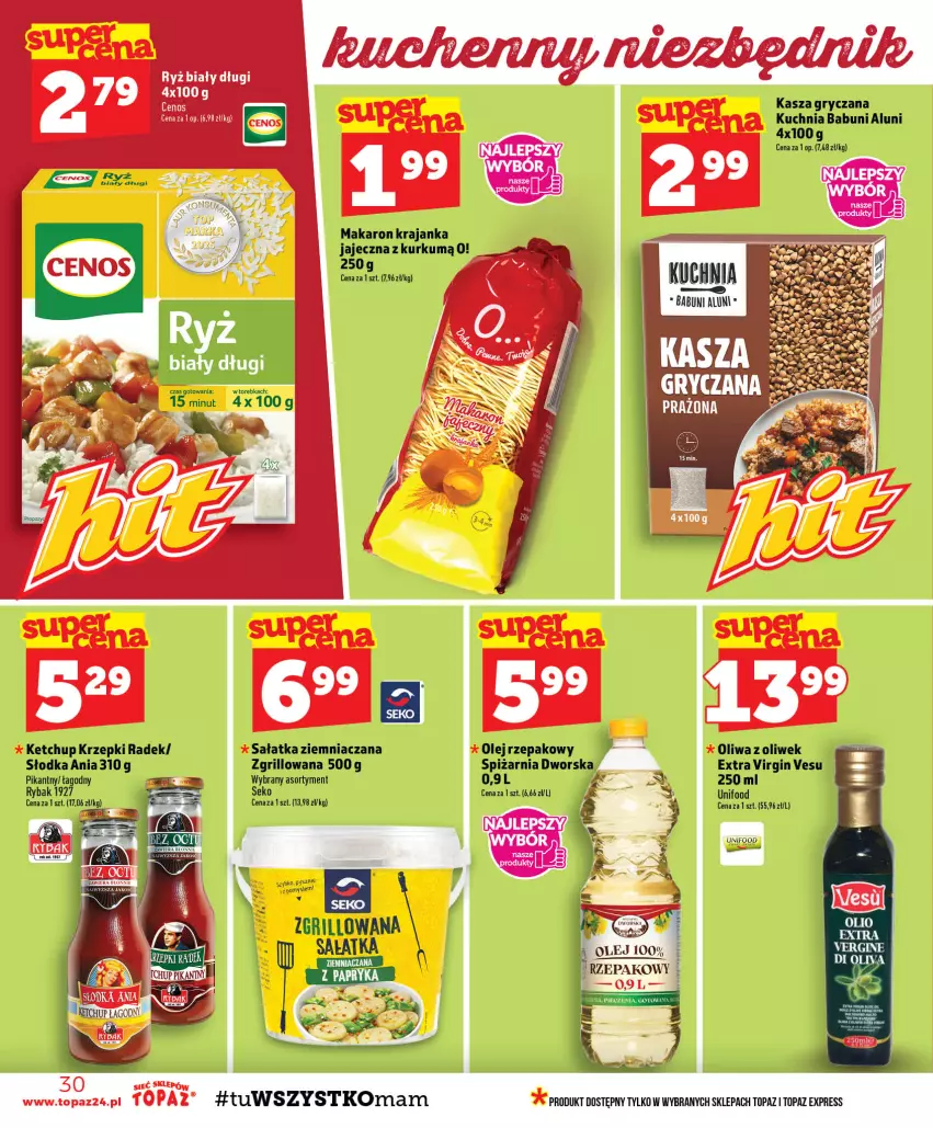 Gazetka promocyjna Topaz - Gazetka - ważna 03.09 do 09.09.2026 - strona 30 - produkty: Babuni, Cenos, Gin, Grill, Gry, Kasza, Kasza gryczana, Ketchup, Kuchnia, Makaron, Olej, Olej rzepakowy, Oliwa, Oliwa z oliwek, Ryba, Ryż, Ryż biały, Sałat, Sałatka, Top, Torebka