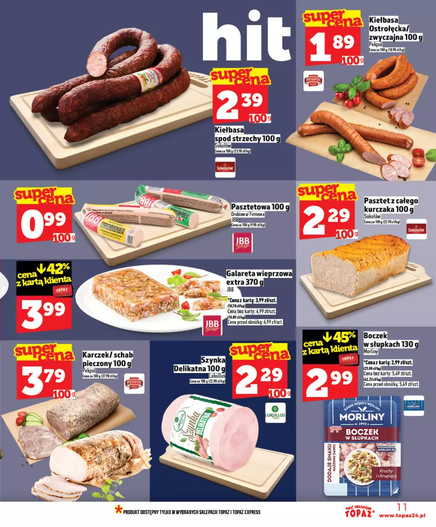 Gazetka promocyjna Topaz - Gazetka - ważna 09.04 do 15.04.2026 - strona 11 - produkty: Boczek, Kawa, Kurczak, Mięso, Pasztet, Sok, Sokołów, Szynka, Top