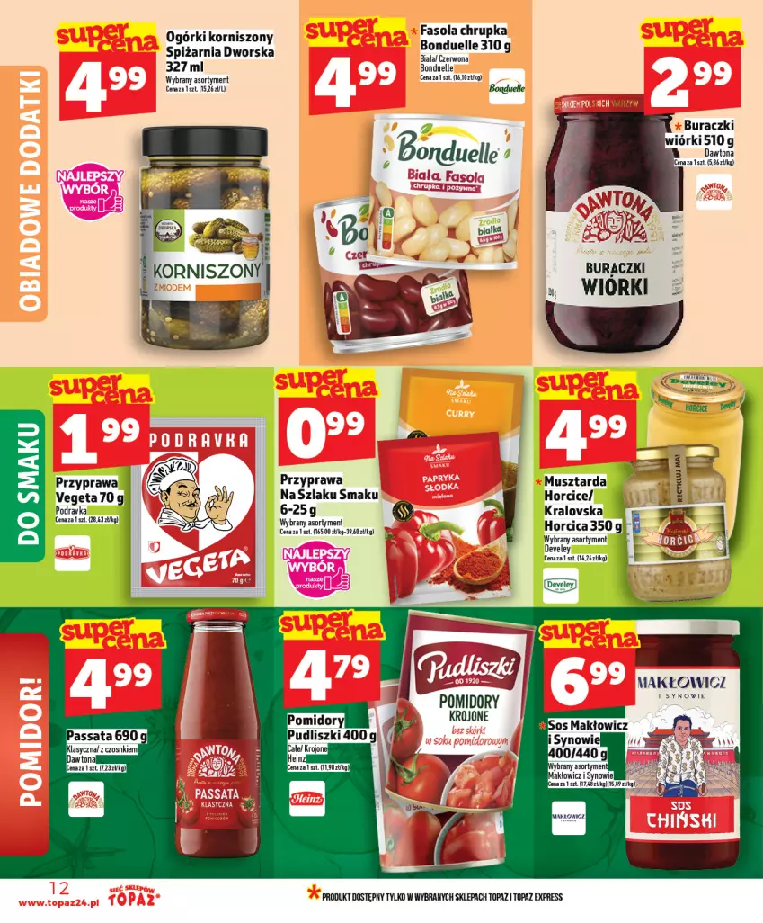Gazetka promocyjna Topaz - Gazetka - ważna 09.04 do 15.04.2026 - strona 12 - produkty: Bonduelle, Buraczki, Dawtona, Fa, Fasola, Korniszony, Mus, Musztarda, Podravka, Top, Vegeta