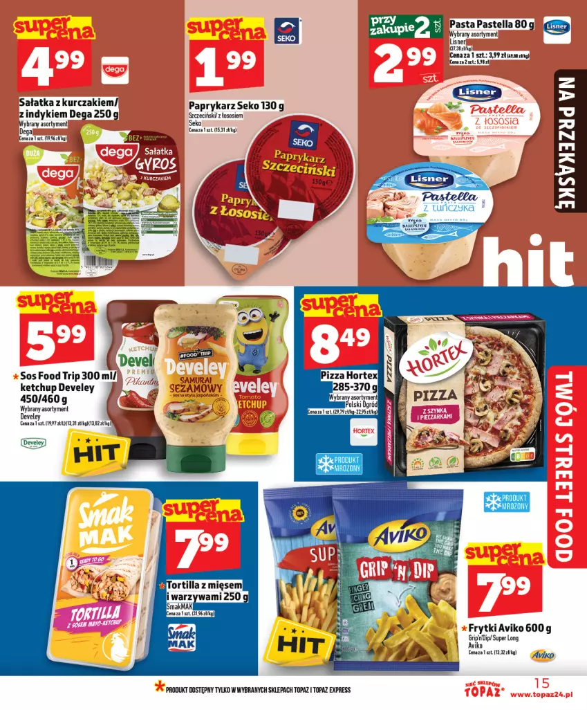 Gazetka promocyjna Topaz - Gazetka - ważna 09.04 do 15.04.2026 - strona 15 - produkty: Dega, Frytki, Ketchup, Kurczak, Lisner, Mus, Papryka, Paprykarz, Pastella, Sałat, Sałatka, SEKO, Sezam, Sos, Top, Tortilla, Tuńczyk, Warzywa