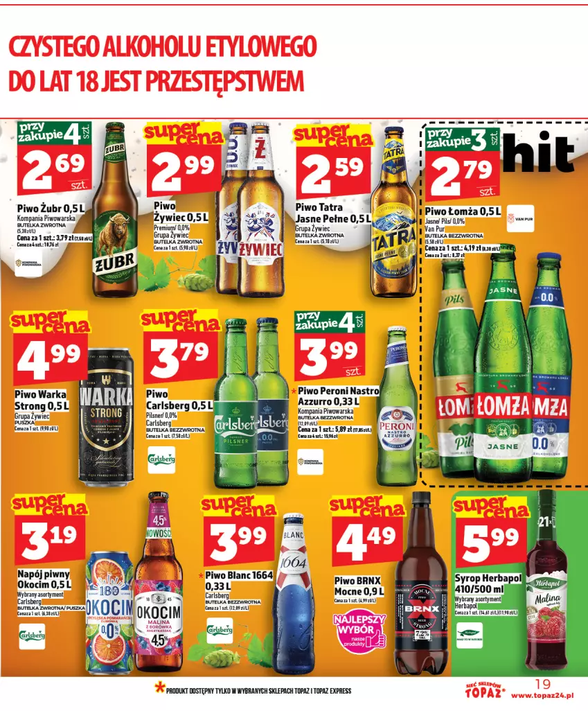 Gazetka promocyjna Topaz - Gazetka - ważna 09.04 do 15.04.2026 - strona 19 - produkty: Carlsberg, Koc, Napój, Okocim, Piwo, Pur, Tatra, Top, Warka