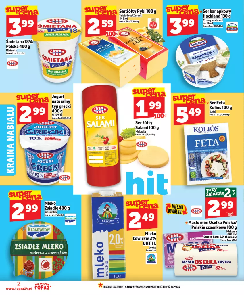 Gazetka promocyjna Topaz - Gazetka - ważna 09.04 do 15.04.2026 - strona 2 - produkty: Feta, Jogurt, Jogurt naturalny, Masło, Mleko, Mlekovita, Salami, Ser, Top, Vita C