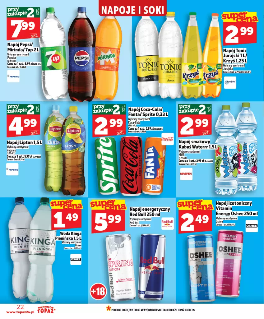 Gazetka promocyjna Topaz - Gazetka - ważna 09.04 do 15.04.2026 - strona 22 - produkty: 7up, Coca-Cola, Fa, Fanta, Kubuś, Kubuś Waterrr, Lipton, Mirinda, Napój, Napój energetyczny, Napój izotoniczny, Oshee, Pepsi, Red Bull, Top, Woda