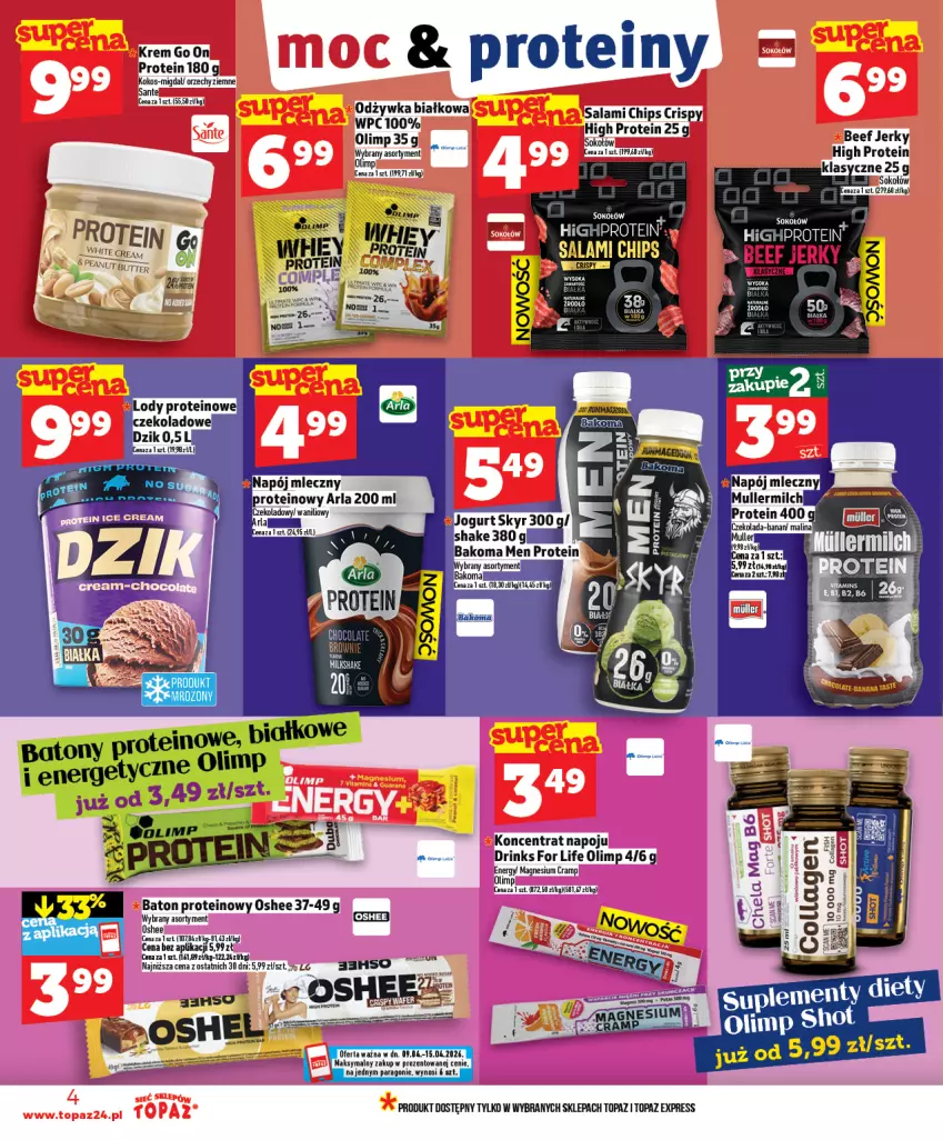 Gazetka promocyjna Topaz - Gazetka - ważna 09.04 do 15.04.2026 - strona 4 - produkty: Baton, Jerky, Odżywka, Oshee, Salami, Sok, Sokołów, Top