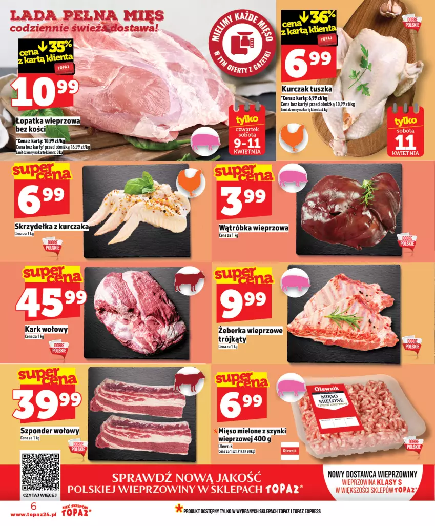 Gazetka promocyjna Topaz - Gazetka - ważna 09.04 do 15.04.2026 - strona 6 - produkty: Kark wołowy, Kurczak, Mięso, Mięso mielone, Mięso mielone z szynki, Szal, Szponder wołowy, Top