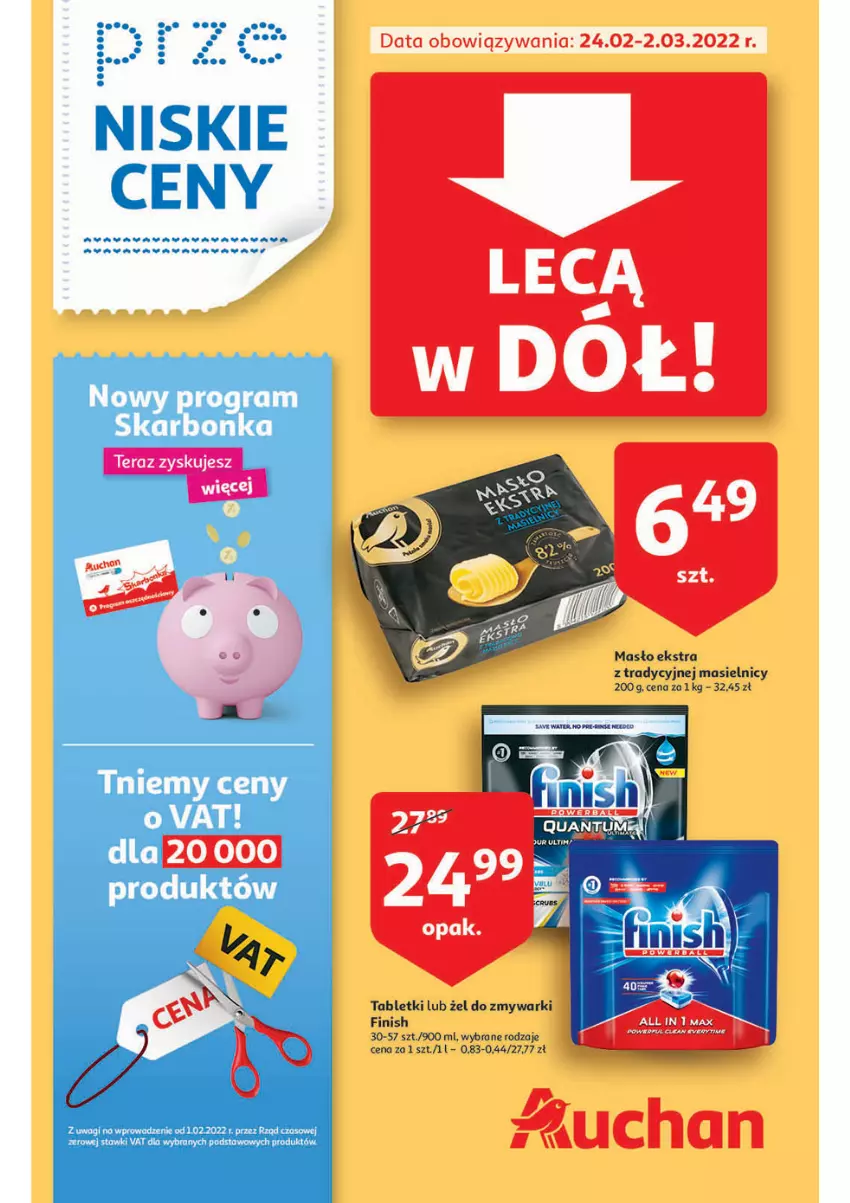 Gazetka promocyjna Auchan - przeNISKIE CENY lecą w dół Hipermarkety - ważna 24.02 do 02.03.2022 - strona 1 - produkty: Finish, Masło, Tablet, Zmywarki