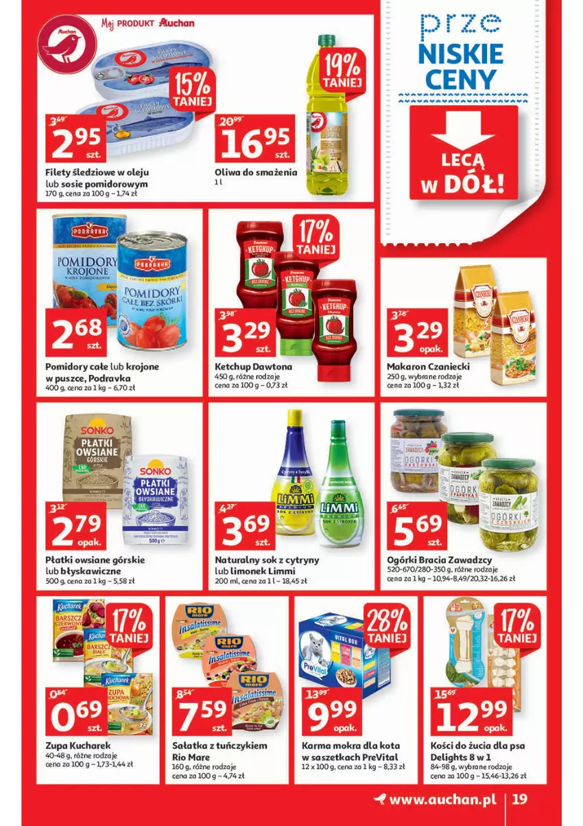 Gazetka promocyjna Auchan - przeNISKIE CENY lecą w dół Hipermarkety - ważna 24.02 do 02.03.2022 - strona 19 - produkty: Cytryny, Dawtona, Ketchup, Kucharek, Makaron, Olej, Płatki owsiane, Podravka, Pomidory, Rio Mare, Sałat, Sałatka, Sok, Sos, Szal, Tuńczyk, Zupa