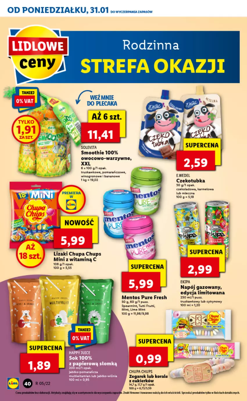 Gazetka promocyjna Lidl - GAZETKA - ważna 31.01 do 02.02.2022 - strona 40 - produkty: Chupa Chups, Cukier, Fa, Lizaki, Mentos, Napój, Napój gazowany, Pur, Smoothie, Zegar, Zegarek