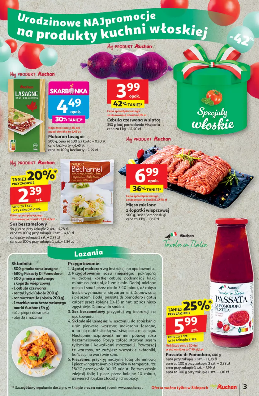 Gazetka promocyjna Auchan - Te URODZINY są NAJ Moje - ważna 15.05 do 21.05.2025 - strona 3 - produkty: Cebula, Cebula czerwona, Kawa, Lasagne, Makaron, Mięso, Mięso mielone, Mozzarella, Olej, Piec, Pieprz, Por, Rum, Ser, Ser tylżycki, Sól, Sos, Torebka
