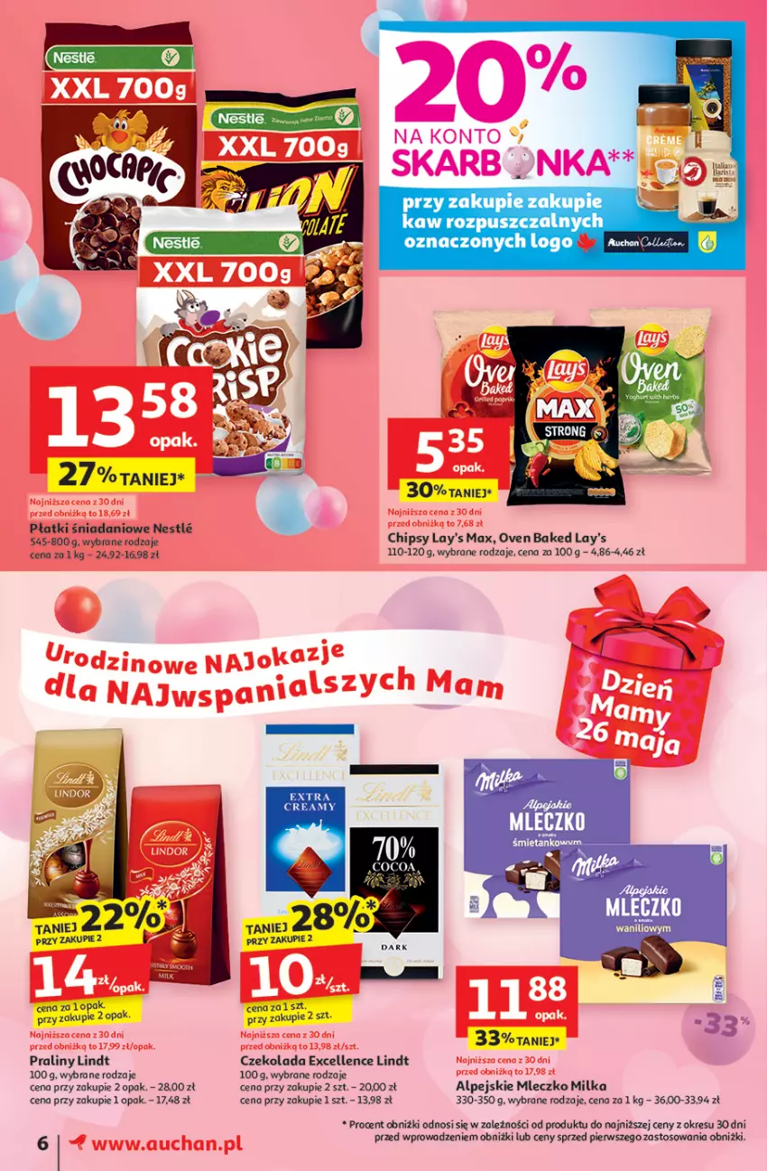 Gazetka promocyjna Auchan - Te URODZINY są NAJ Moje - ważna 15.05 do 21.05.2025 - strona 8 - produkty: Chipsy, Czekolada, Danio, Lindt, Milka, Mleczko, Praliny