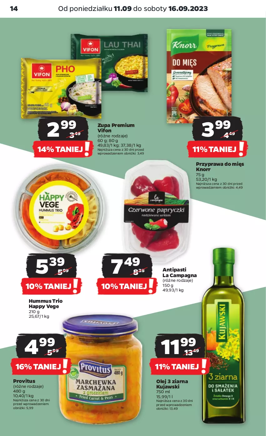 Gazetka promocyjna Netto - Artykuły spożywcze - ważna 11.09 do 16.09.2023 - strona 14 - produkty: Hummus, Knorr, Kujawski, Mus, Olej, Zupa