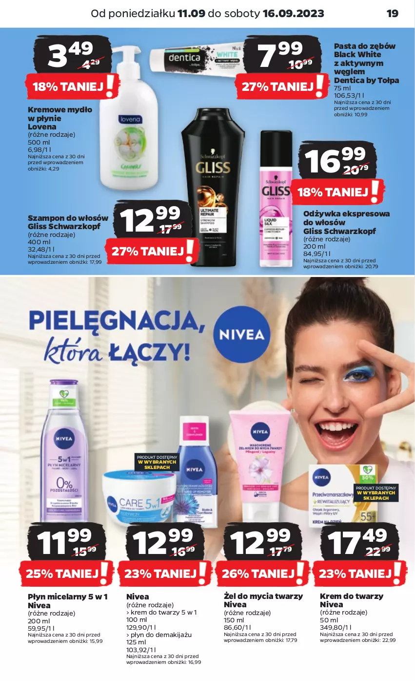 Gazetka promocyjna Netto - Artykuły spożywcze - ważna 11.09 do 16.09.2023 - strona 19 - produkty: Krem do twarzy, Lack, Makijaż, Mydło, Mydło w płynie, Nivea, Odżywka, Pasta do zębów, Płyn micelarny, Schwarzkopf, Szampon, Tołpa