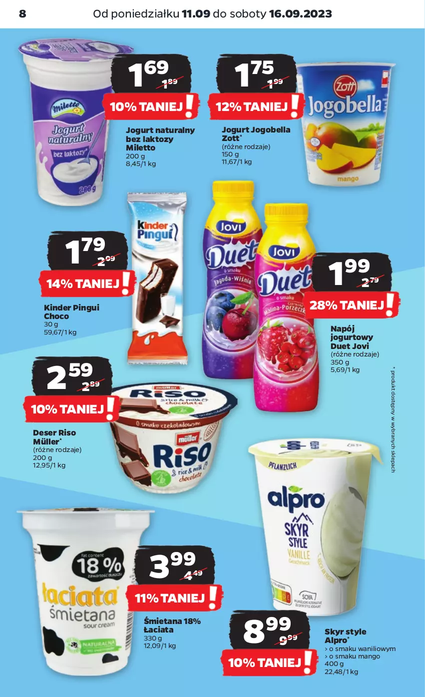 Gazetka promocyjna Netto - Artykuły spożywcze - ważna 11.09 do 16.09.2023 - strona 8 - produkty: Alpro, Bell, Bella, Deser, Jogobella, Jogurt, Jogurt naturalny, Kinder, Mango, Müller, Napój, Napój jogurtowy, Ser, Zott