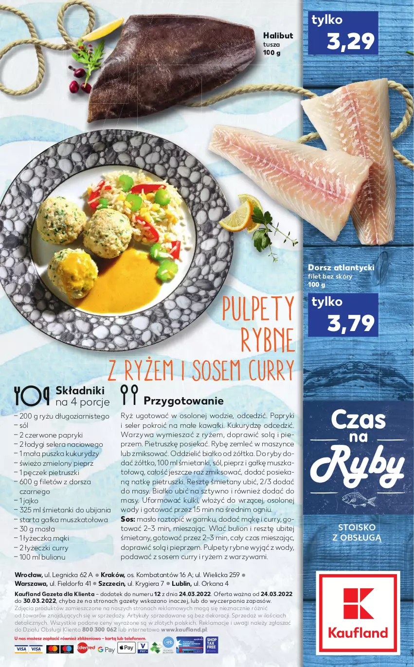 Gazetka promocyjna Kaufland - RYBY - ważna 24.03 do 30.03.2022 - strona 2 - produkty: Bulion, Dorsz, Fa, Gałka, Halibut, Kawa, Lion, Masło, Mus, Orka, Pieprz, Por, Pulpety, Ryż, Sól, Sos, Tarta, Top, Tusz, Wagi, Warzywa