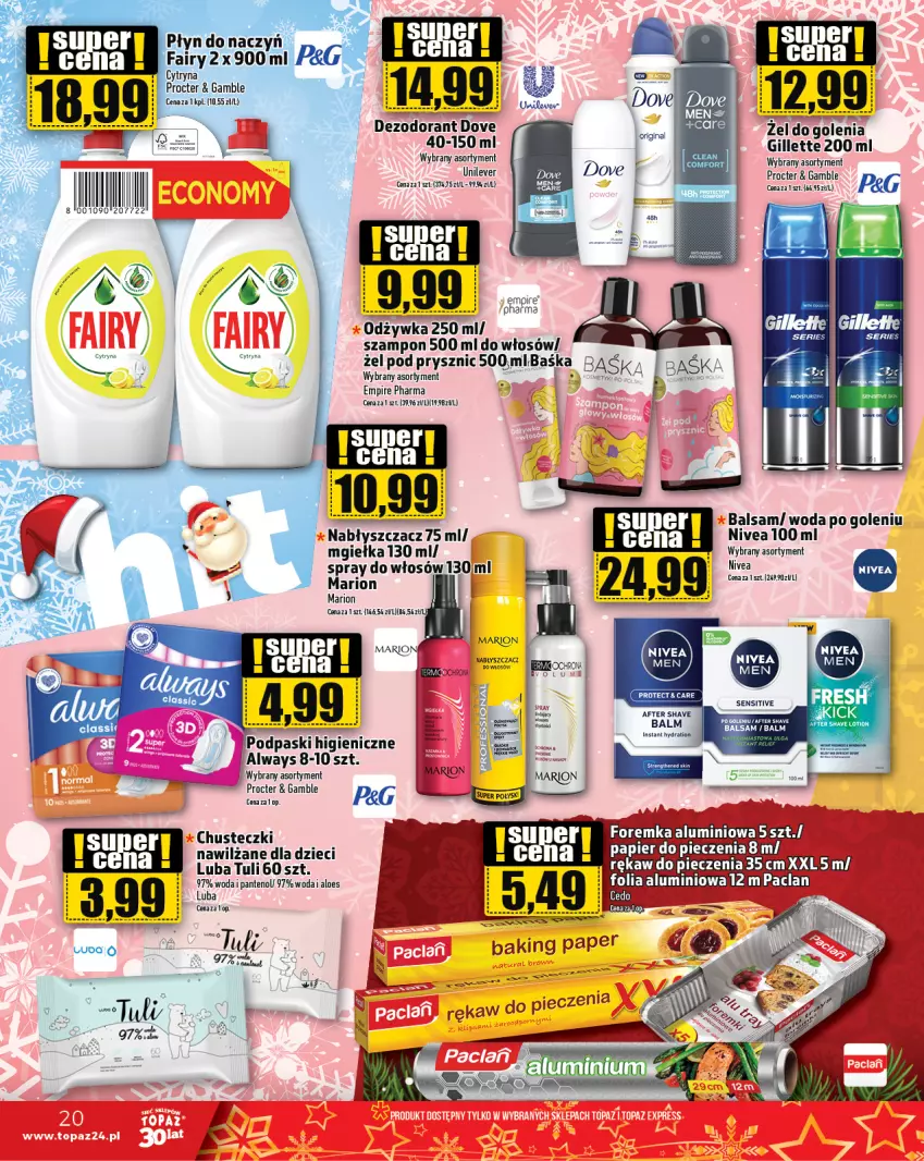 Gazetka promocyjna Topaz - Gazetka - ważna 21.12 do 27.12.2023 - strona 20 - produkty: Always, Chusteczki, Dezodorant, Dove, Dzieci, Gillette, LG, Nivea, Odżywka, Podpaski, Woda, Woda po goleniu