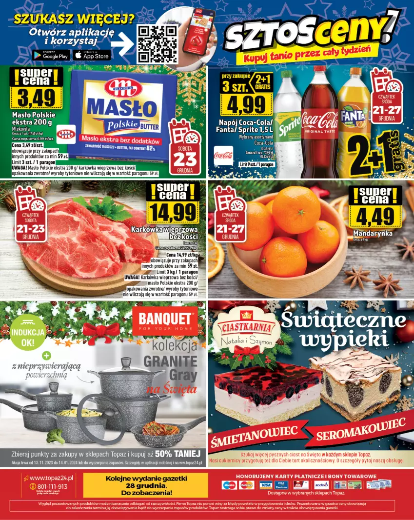 Gazetka promocyjna Topaz - Gazetka - ważna 21.12 do 27.12.2023 - strona 24 - produkty: Coca-Cola, Fa, Fanta, Karkówka wieprzowa, Masło, Mleko, Mlekovita, Mobil, Napój, Olej, Sprite, Top, Waga