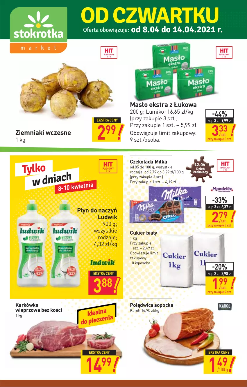 Gazetka promocyjna Stokrotka - Market - ważna 08.04 do 14.04.2021 - strona 1 - produkty: Cukier, Czekolada, Karkówka wieprzowa, Ludwik, Masło, Milka, Polędwica, Ziemniaki