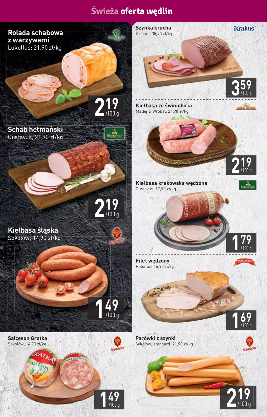 Gazetka promocyjna Stokrotka - Market - ważna 08.04 do 14.04.2021 - strona 2 - produkty: BIC, Gra, HP, Kiełbasa, Kiełbasa krakowska, Kiełbasa śląska, Krakus, Parówki, Parówki z szynki, Rolada, Salceson, Sok, Sokołów, Szynka, Warzywa