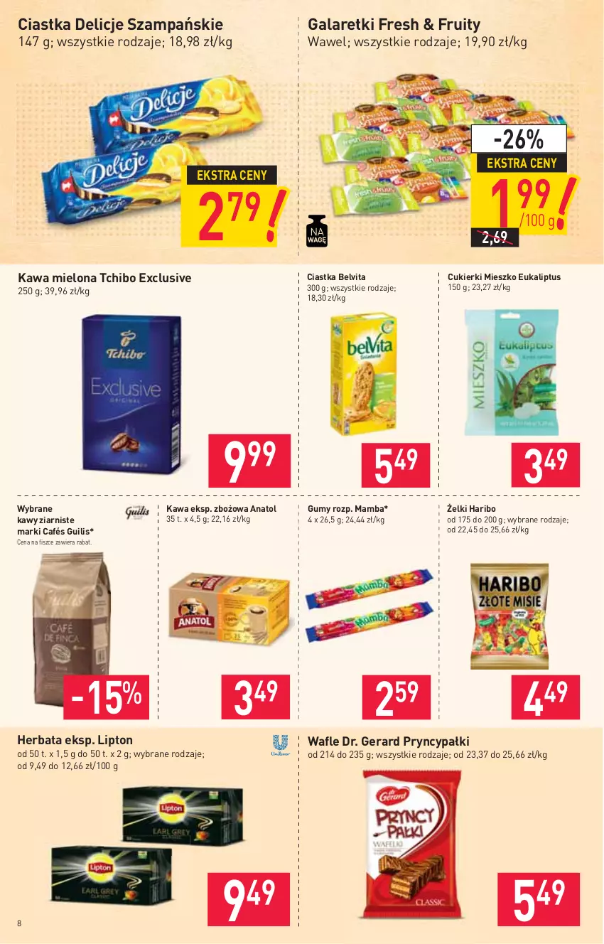 Gazetka promocyjna Stokrotka - Market - ważna 08.04 do 14.04.2021 - strona 8 - produkty: BelVita, Ciastka, Cukier, Cukierki, Delicje, Gala, Galaretki, Haribo, Herbata, Kawa, Kawa mielona, Lipton, Mamba, Tchibo, Vita C, Wafle, Wawel