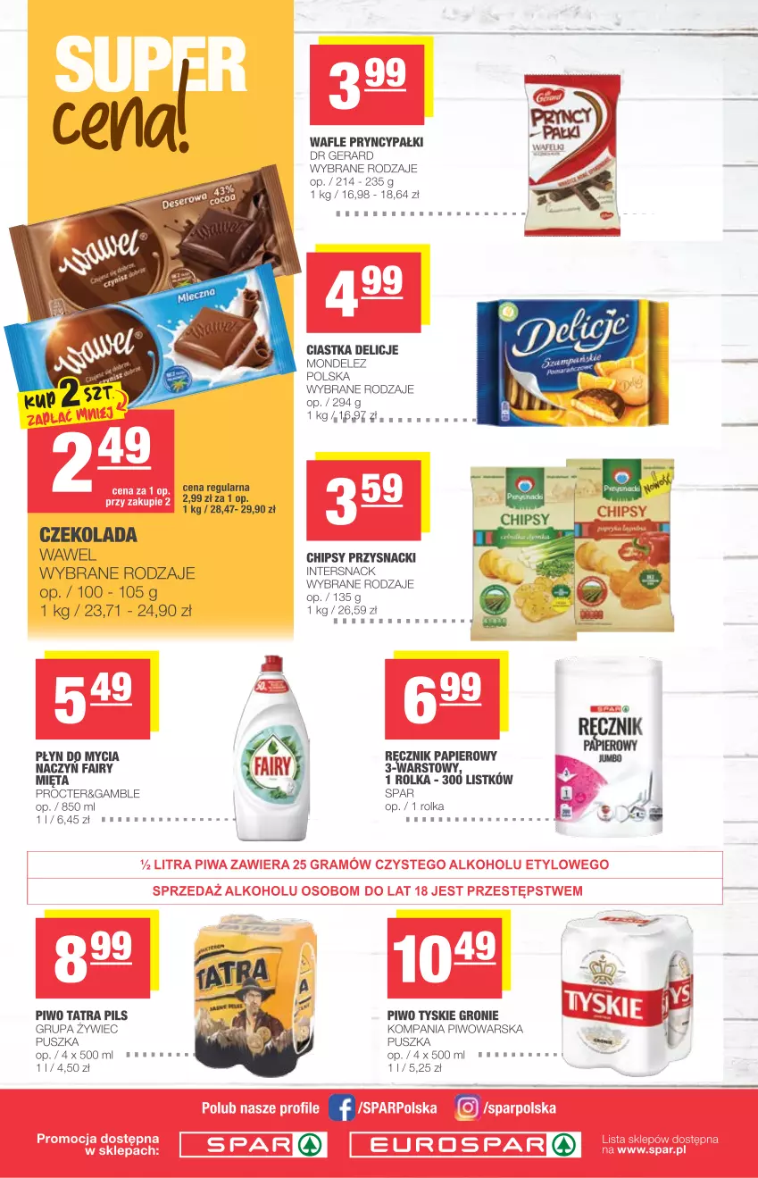 Gazetka promocyjna Spar - Eurospar - ważna 17.03 do 23.03.2021 - strona 4 - produkty: Chipsy, Ciastka, Czekolada, Delicje, Dr Gerard, Fa, Fairy, Mięta, Papier, Piwo, Płyn do mycia, Przysnacki, Ręcznik, Sok, Tatra, Tyskie, Wafle, Wawel