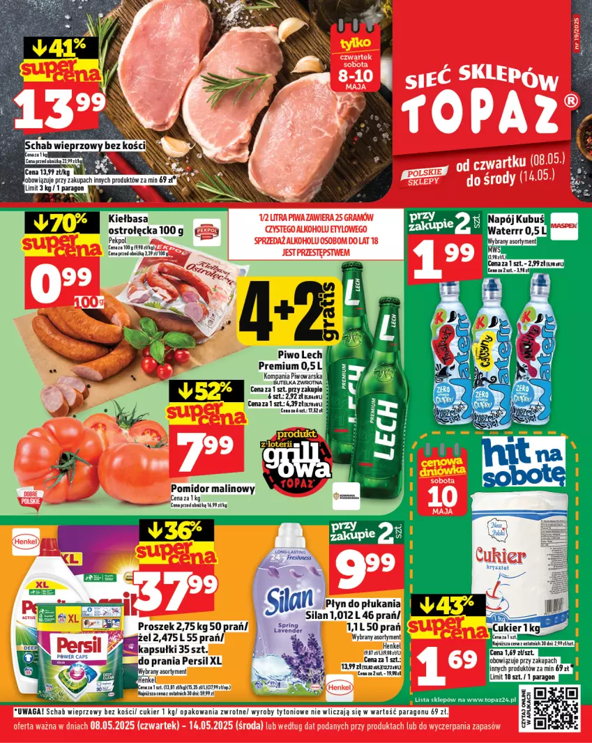 Gazetka promocyjna Topaz - Gazetka - ważna 08.05 do 14.05.2025 - strona 1 - produkty: Cukier, Kiełbasa, Lech Premium, Pekpol, Piwo, Płyn do płukania, Pomidor malinowy, Schab wieprzowy, Silan, Top, Waga