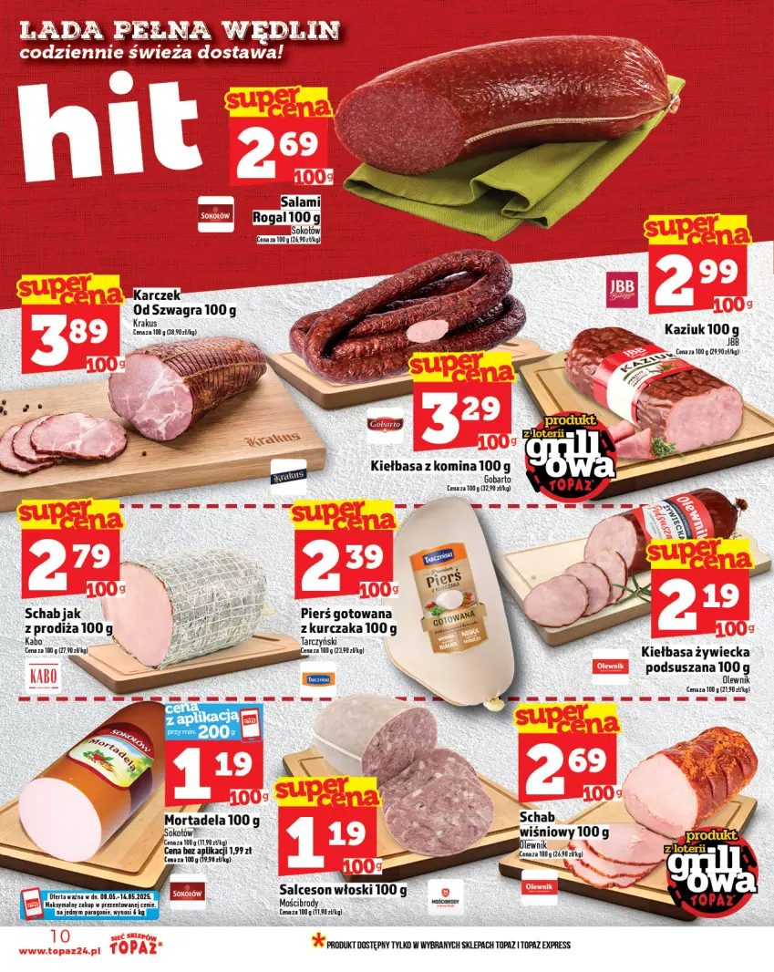 Gazetka promocyjna Topaz - Gazetka - ważna 08.05 do 14.05.2025 - strona 10 - produkty: Gra, Kiełbasa, Kurczak, LG, Olewnik, Salceson, Tarczyński, Top