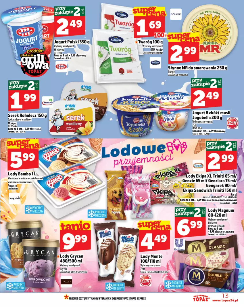 Gazetka promocyjna Topaz - Gazetka - ważna 08.05 do 14.05.2025 - strona 13 - produkty: Jogurt, LG, Lody, Mleko, Mlekovita, Monte, Mus, Słynne, Top, Twaróg, Zott