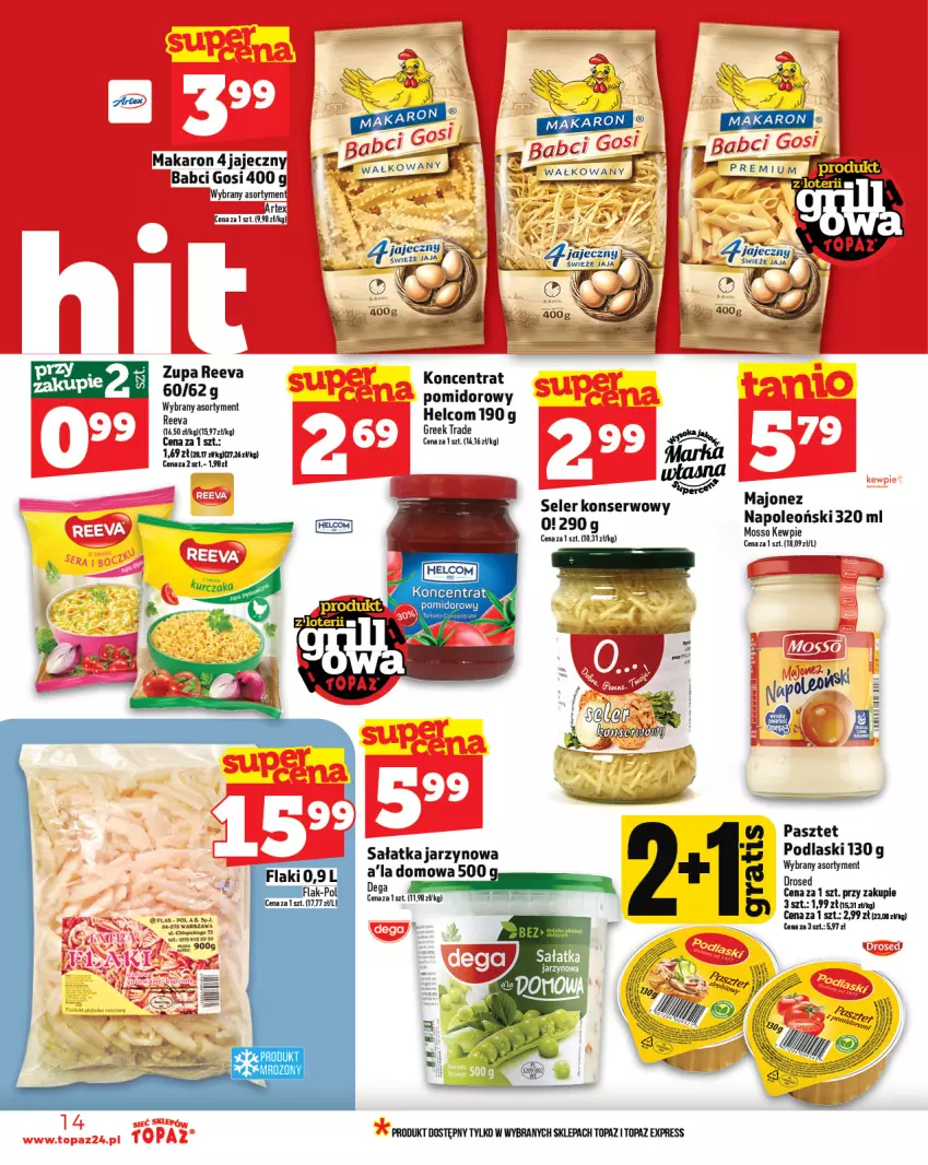 Gazetka promocyjna Topaz - Gazetka - ważna 08.05 do 14.05.2025 - strona 14 - produkty: Dega, Fa, HELCOM, Majonez, Makaron, Oleo, Pasztet, Podlaski, Pur, Sałat, Sałatka, Ser, Top, Zupa