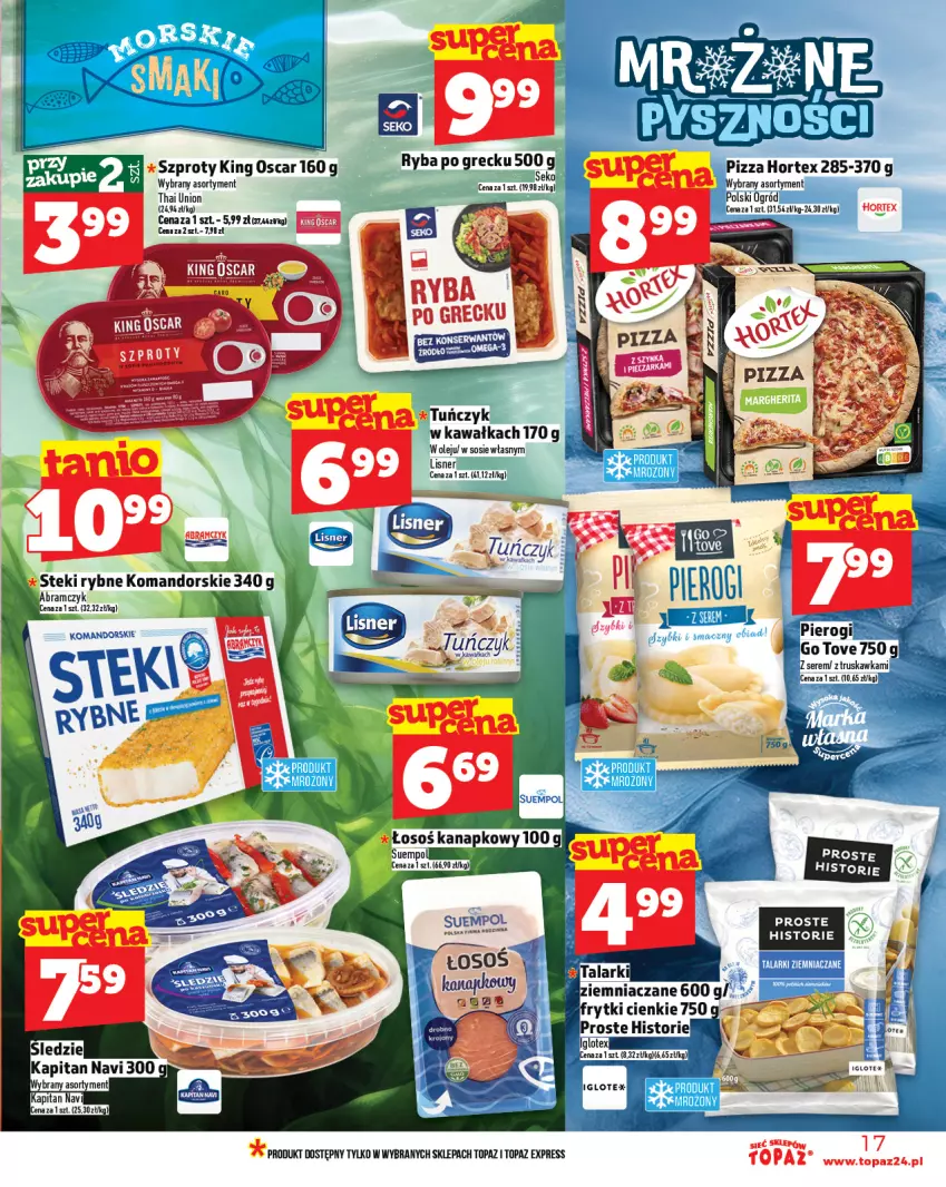 Gazetka promocyjna Topaz - Gazetka - ważna 08.05 do 14.05.2025 - strona 17 - produkty: Hortex, Kawa, LG, Lisner, Olej, Pizza, Ryba, Ryba po grecku, SEKO, Ser, Sos, Stek, Szprot, Top, Wasa