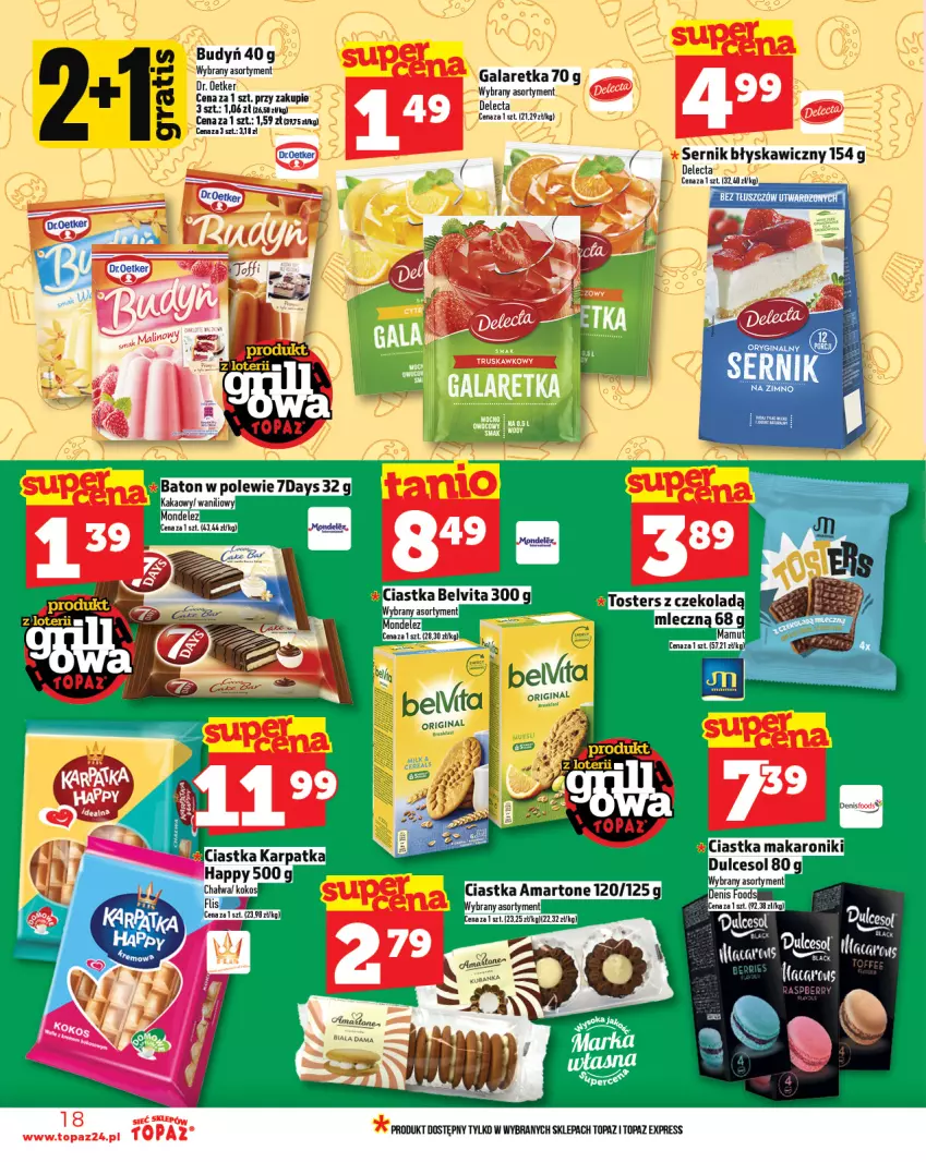 Gazetka promocyjna Topaz - Gazetka - ważna 08.05 do 14.05.2025 - strona 18 - produkty: Baton, BelVita, Budyń, Ciastka, Delecta, Dr. Oetker, Gala, Galaretka, Gin, Kakao, Kokos, Makaron, Ser, Top, Toster