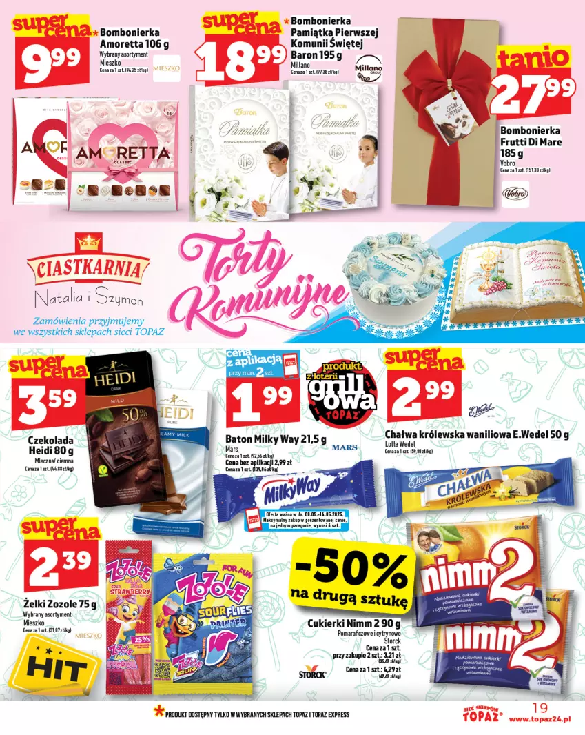 Gazetka promocyjna Topaz - Gazetka - ważna 08.05 do 14.05.2025 - strona 19 - produkty: Baton, Chałwa, Cukier, Cukierki, Czekolada, Milky Way, Ser, Top