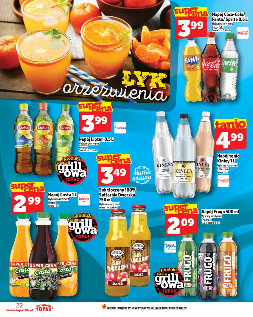Gazetka promocyjna Topaz - Gazetka - ważna 08.05 do 14.05.2025 - strona 22 - produkty: Coca-Cola, Fa, Fanta, Hortex, Lipton, Napój, Pepsi, Sok, Sprite, Top