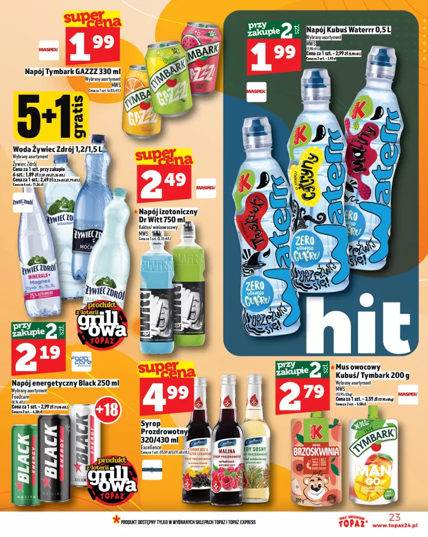 Gazetka promocyjna Topaz - Gazetka - ważna 08.05 do 14.05.2025 - strona 23 - produkty: Kaktus, Kubuś, Lack, Mus, Mysz, Napój, Napój energetyczny, Napój izotoniczny, Top, Tymbark