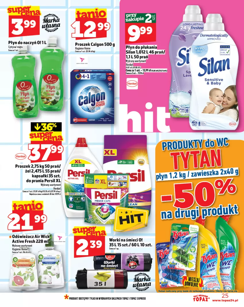 Gazetka promocyjna Topaz - Gazetka - ważna 08.05 do 14.05.2025 - strona 25 - produkty: Calgon, Fa, LG, Mięta, Persil, Płyn do płukania, Silan, Top, Worki na śmiec, Worki na śmieci