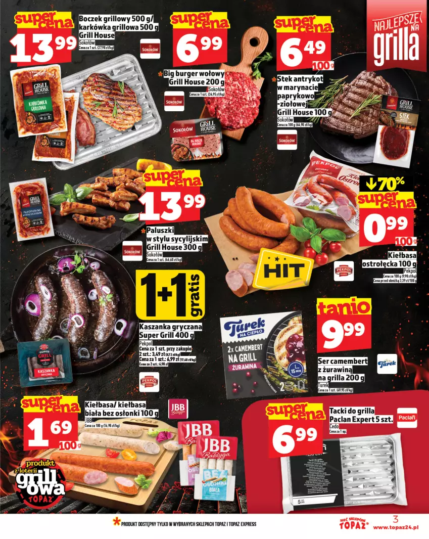 Gazetka promocyjna Topaz - Gazetka - ważna 08.05 do 14.05.2025 - strona 3 - produkty: Camembert, Grill, Gry, K2, Kasza, Kaszanka, Kiełbasa, Pekpol, Sok, Sokołów, Top