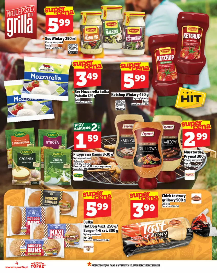 Gazetka promocyjna Topaz - Gazetka - ważna 08.05 do 14.05.2025 - strona 4 - produkty: Bułka, Burger, Czosnek, Dan Cake, Hot dog, Ketchup, Ser, Top